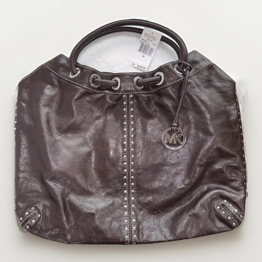 Michael Kors Astor Studded Dark Brown Leather Ring Tote XL Shoulder Bag NWT $348
